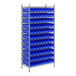 A Regency metal wire shelving unit with blue bins on a metal rack.