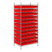 A metal wire shelving unit with red bins on each shelf.