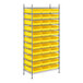 A metal wire shelving unit with yellow bins on it.