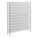 A wire metal storage rack with clear plastic bins on the shelves.