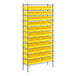 A metal wire shelving unit with yellow bins on each shelf.