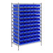 A metal rack with blue bins on it.