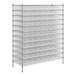 A large metal rack with Regency wire shelves holding clear plastic bins.