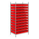 A large metal rack with red bins on white shelves.