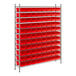 A Regency metal wire shelving rack with red bins.