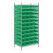 A metal Regency wire shelving unit with green bins on it.