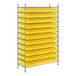 A Regency metal wire shelving unit with yellow bins.