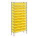 A metal wire shelving unit with yellow bins on the shelves.