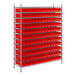 A white metal Regency wire shelving rack with red bins.