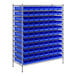 A Regency metal wire shelving unit with blue bins on metal shelves.