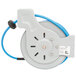 A T&S blue epoxy coated steel hose reel with a blue hose.