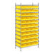 A metal wire shelving unit with yellow bins on each shelf.