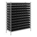 A black metal Regency wire shelving unit with black bins.