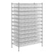 A large metal rack with clear plastic bins on each shelf.