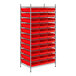 A red metal Regency wire shelving unit with red bins.