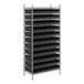 A metal Regency wire shelving unit with black plastic bins.