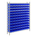A metal rack with blue bins on each shelf.