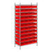 A Regency metal wire shelving unit with red bins on white shelves.