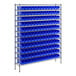 A metal rack with blue bins on it.