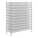 A large metal rack with 143 clear plastic bins.