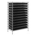 A black metal Regency shelving unit with black bins.