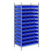 A metal wire shelving unit with blue bins on a metal rack.