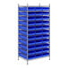 A metal wire shelving unit with blue bins on it.