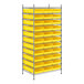 A metal wire shelving unit with yellow bins on every shelf.