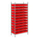 A metal wire shelving unit with red rectangular bins.
