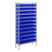 A Regency metal wire shelving unit with blue bins.