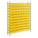 A Regency metal wire shelving unit with yellow bins on each shelf.