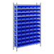 A metal rack with blue bins on it.