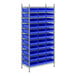 A Regency metal wire shelving unit with blue plastic bins.