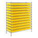 A Regency wire shelving unit with yellow bins on each shelf.