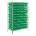 A white metal Regency wire shelving unit with green bins on the shelves.