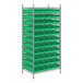 A metal Regency wire shelving unit with green bins.