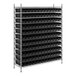 A large metal rack with black bins on each shelf.