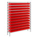 A Regency metal wire shelving unit with red bins.
