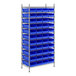 A Regency metal shelving unit with blue bins on metal shelves.