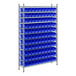 A Regency metal shelving unit with blue bins on a metal rack.