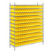 A metal wire shelving unit with yellow bins.