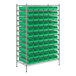 A white Regency wire shelving unit with green bins.