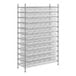 A metal wire shelving unit with clear plastic bins on each shelf.
