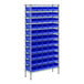 A Regency metal wire shelving unit with blue bins.