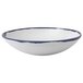 A white Dudson china bowl with a blue rim.