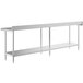 A Regency stainless steel work table with undershelf and backsplash.