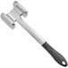 a silver meat hammer with a black handle
