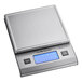 A silver AvaWeigh digital portion scale with a blue screen.