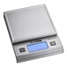 A stainless steel digital portion control scale with a blue backlit display and control buttons.