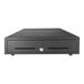 A close-up of a black Custom America APEX Pro cash drawer with a keyhole.